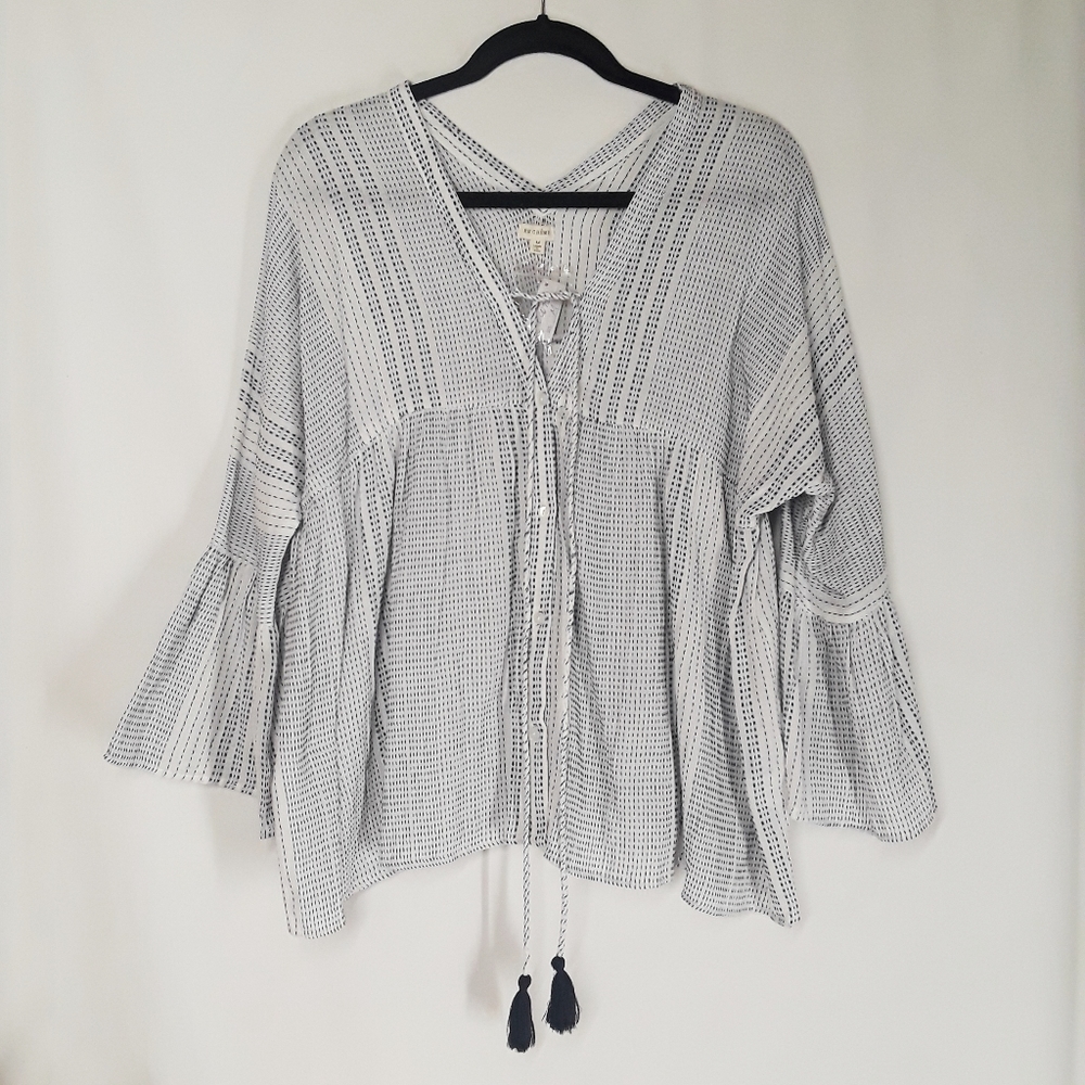 EN CREME Blue White Tassel Peasant Bell Sleeve Boho Top Medium NWT